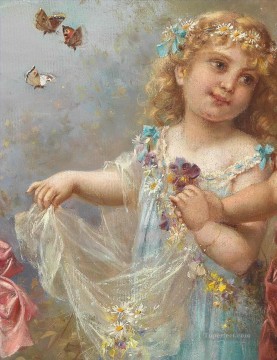  flowers - little girl and butterfly Hans Zatzka classical flowers